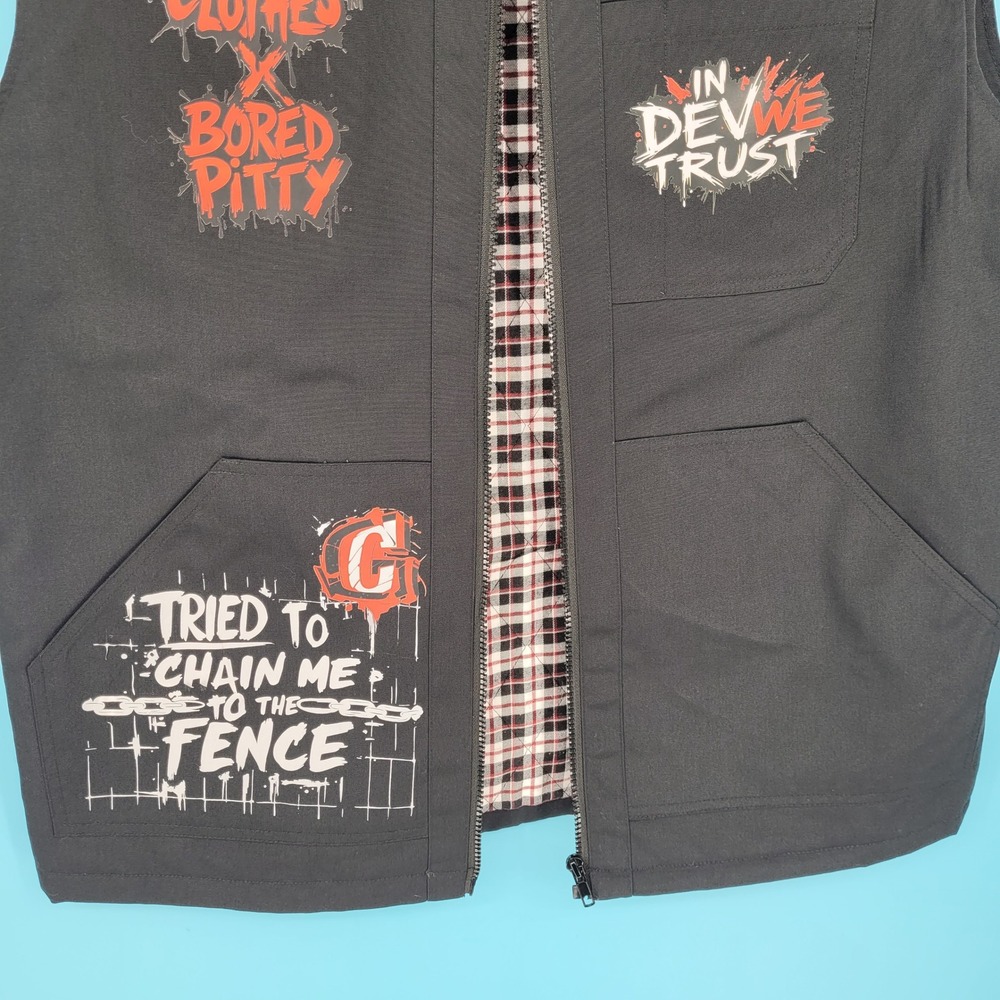 Custom Punk Streetwear Outlander Black Canvas Vest Plaid Graffiti Patches Biker - Picture 4 of 9